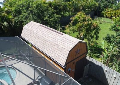 No job too small!! Little Gambrel Roof replacement on our customers shed. Architectural Shingle - Tamko : Desert Sand